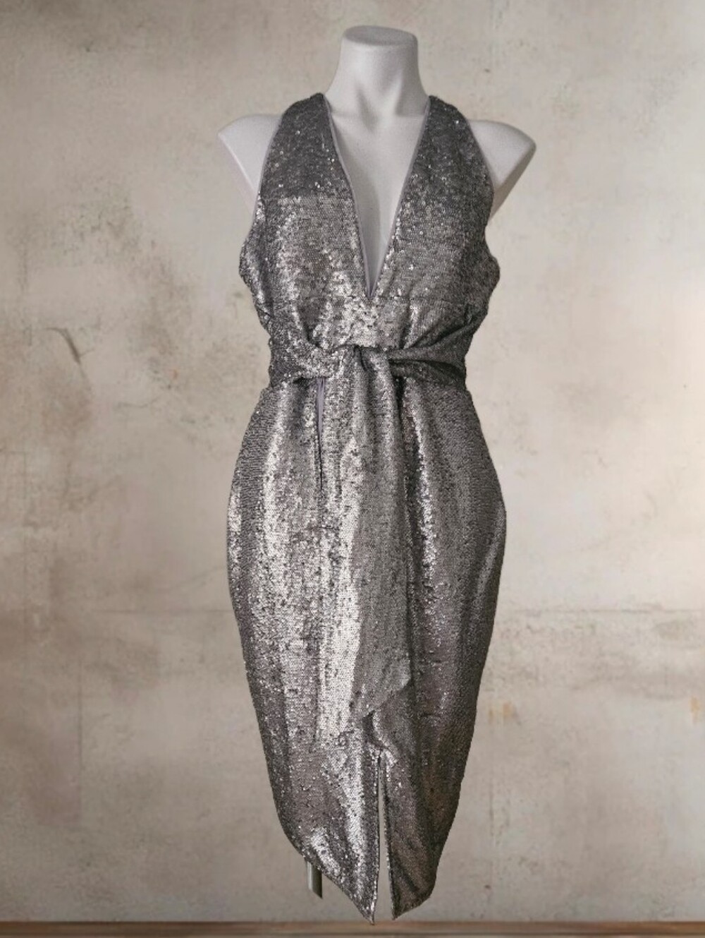 Harlyn Plunge Neck Sequin Formal Dress Matte Silver Size Large - Picture 2 of 6